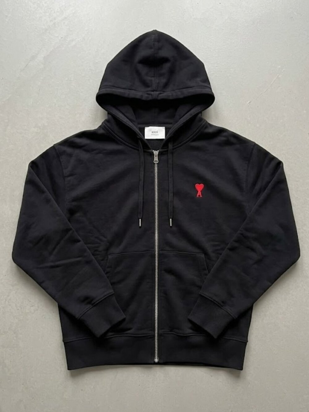 Ami Black Zip Hoodie with Red Heart Emblem
